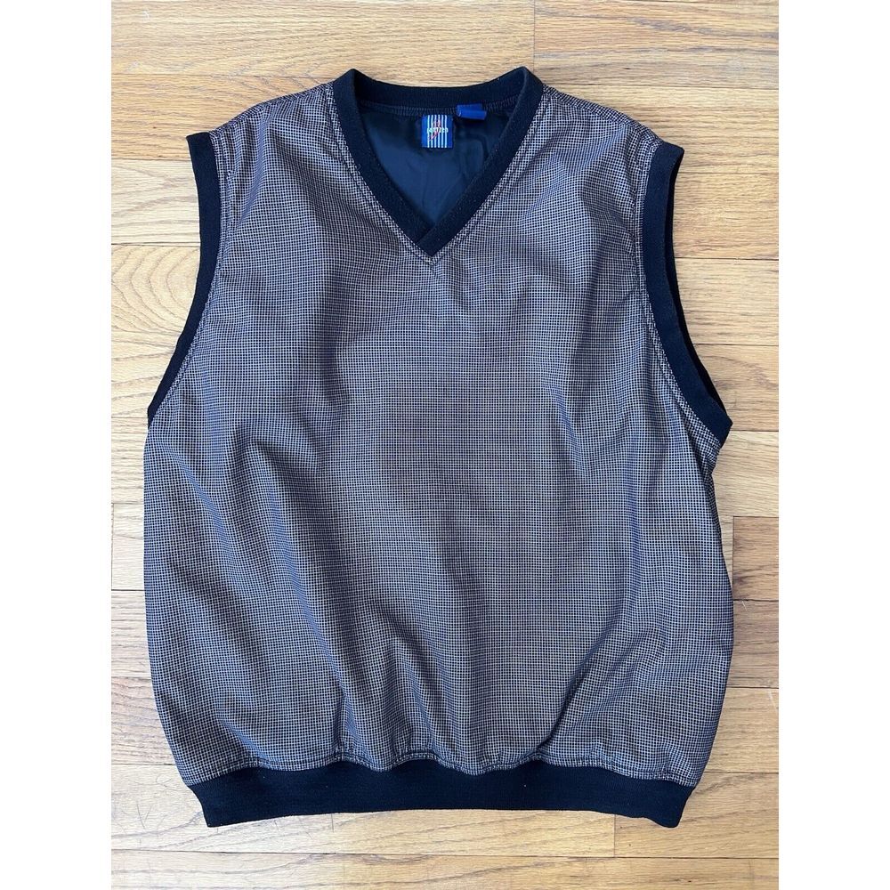 Vintage Jantzen Vest‎ Mens Large Black Brown Check V-Neck  Sports Golf USA Nylon